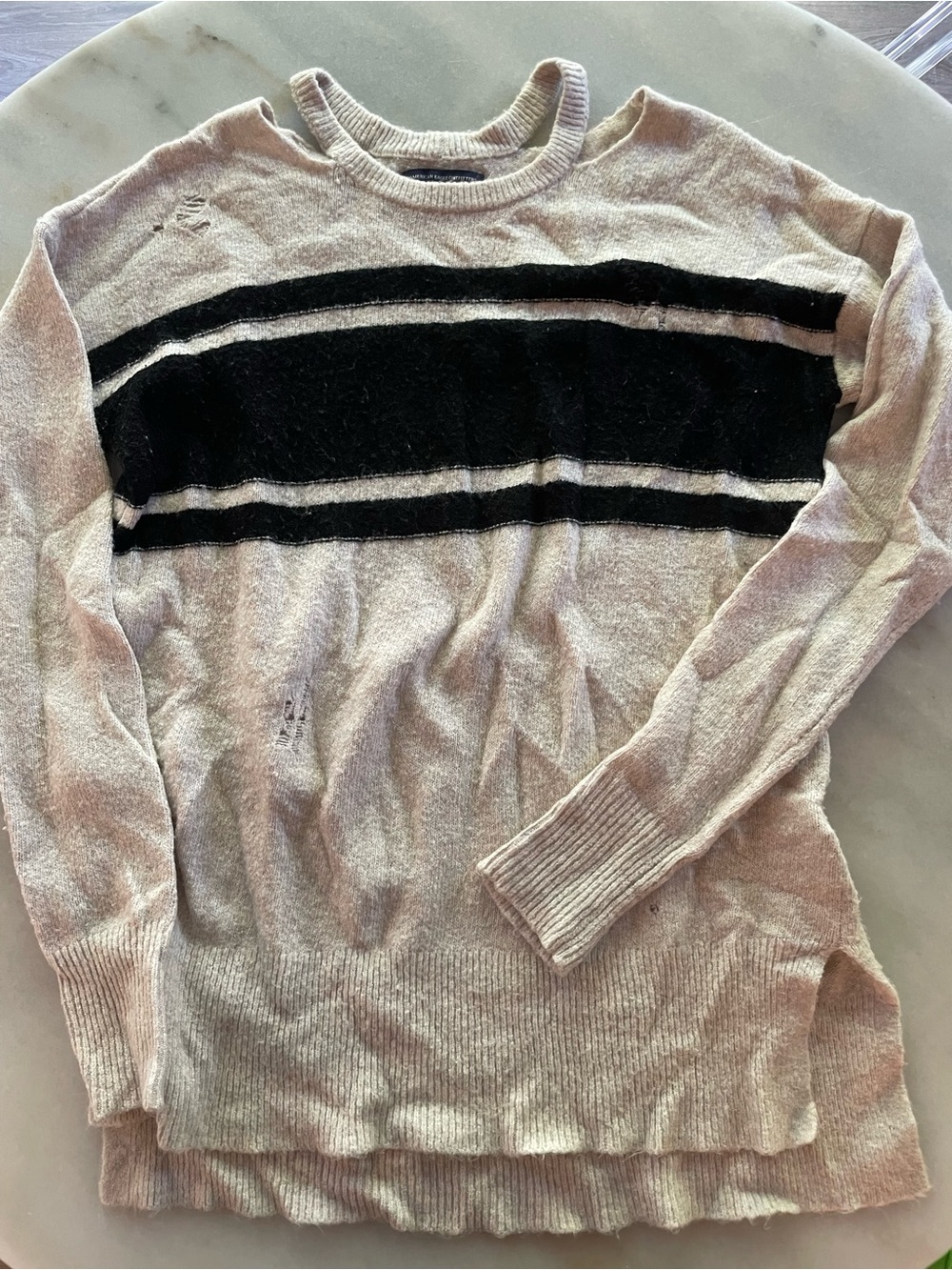 American Eagle Outfitters Cream Crewneck Sweater with Black Stripes